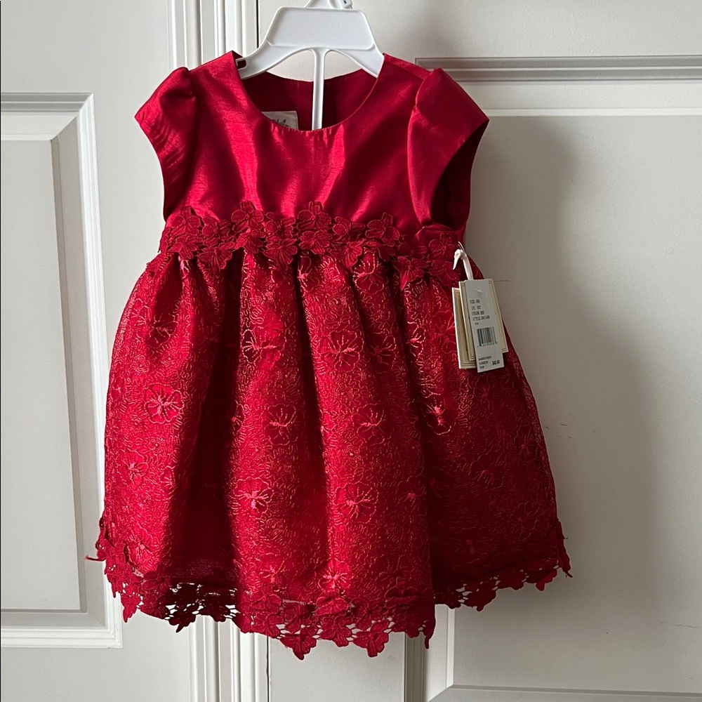 NWT Laura Ashley Elegant Red Lace Baby Dress Size 18M with Matching Bloomers